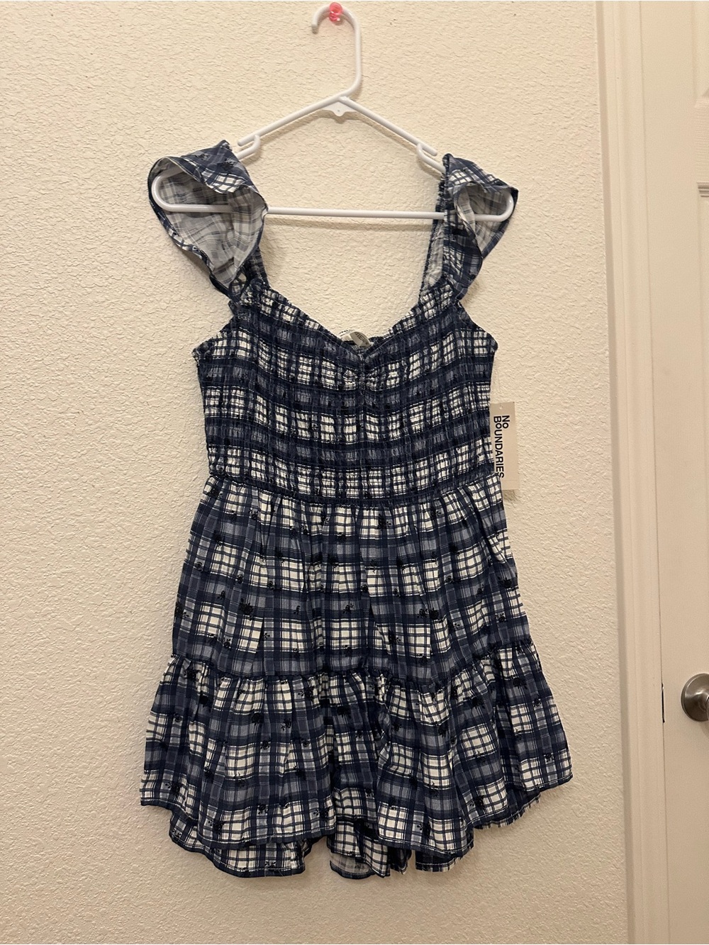 No Boundaries Navy Plaid Ruffle Strap Romper
